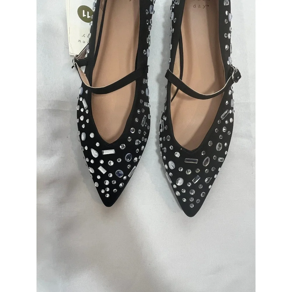 A New Day Women Black Rhinestone Crystal Mary Jane Pointed Toe Flats Size 11 NEW